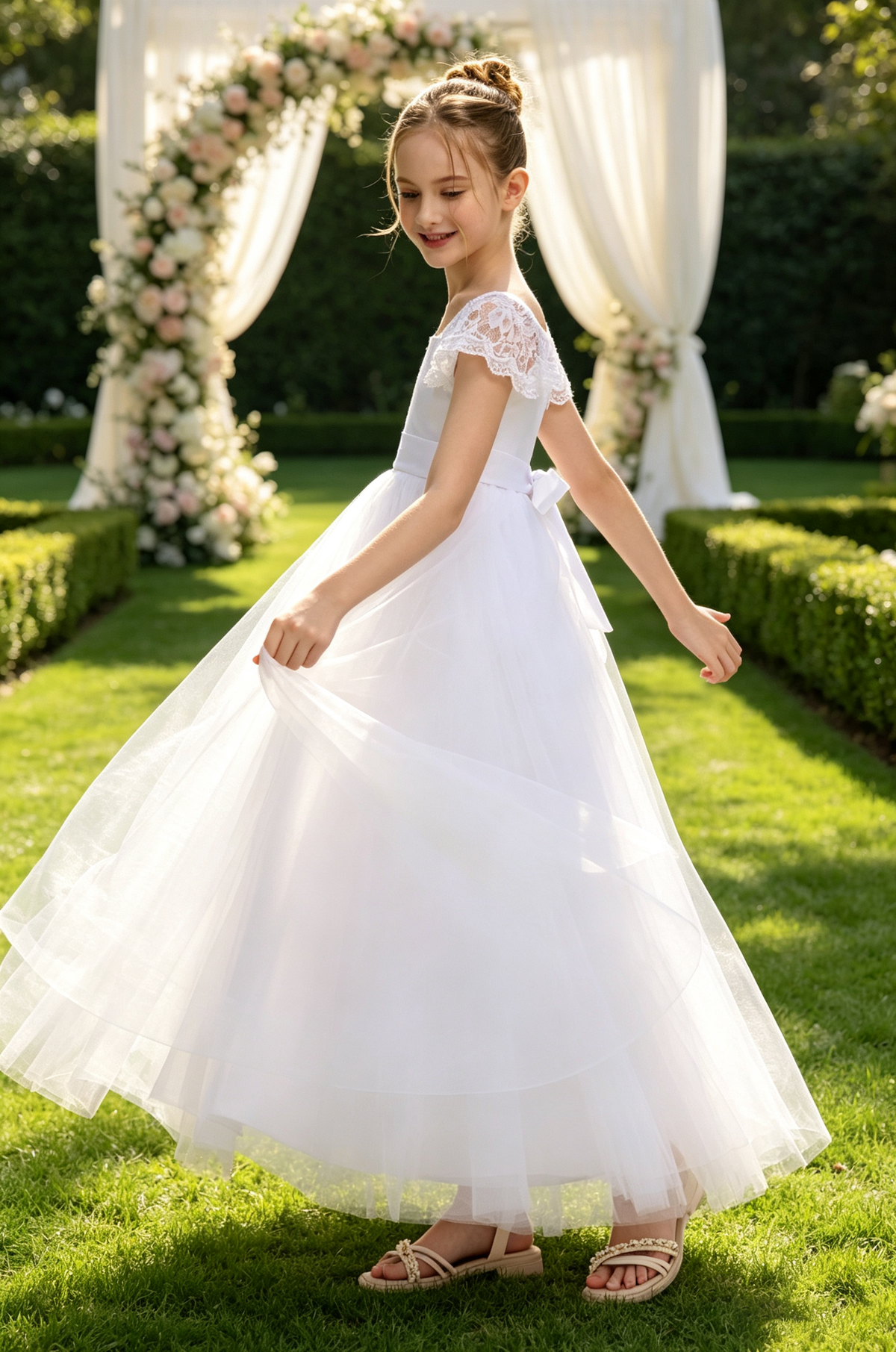 White Lace Cap Sleeve Satin Bow Tulle A-Line Communion Dress