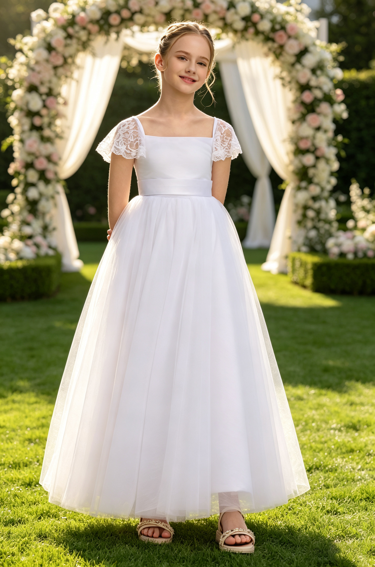 White Lace Cap Sleeve Satin Bow Tulle A-Line Communion Dress