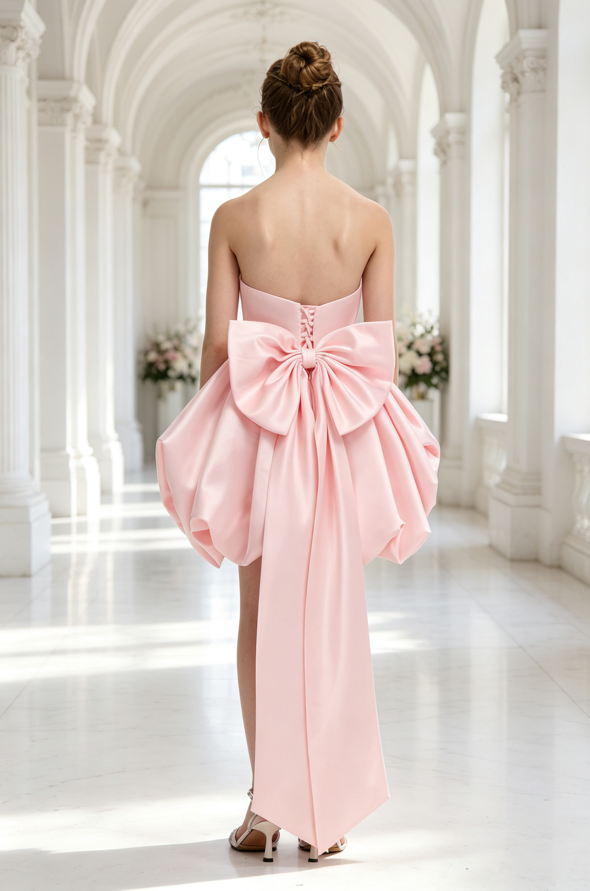 Pink Strapless Satin Big Bow Train Bubble A-Line Pageant Dress