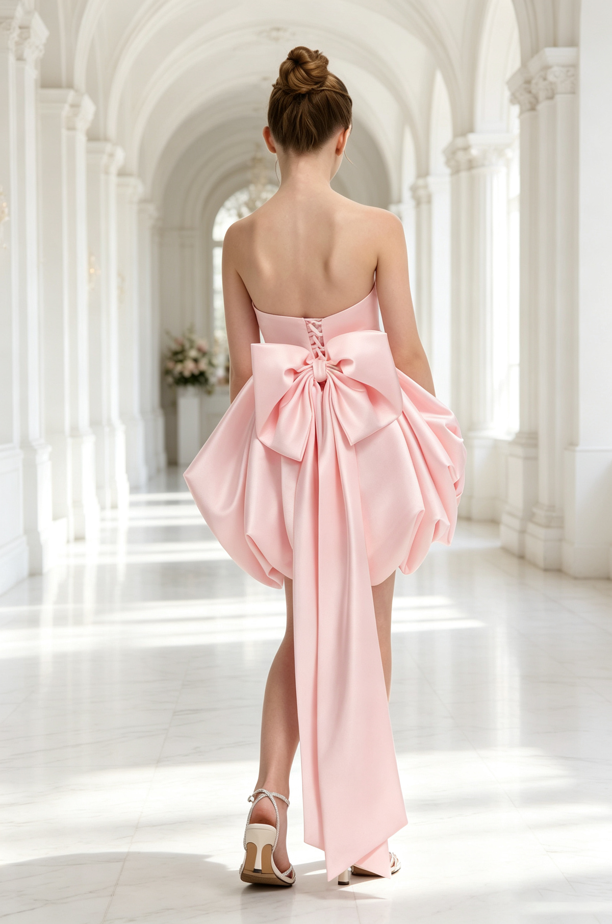 Pink Strapless Satin Big Bow Train Bubble A-Line Pageant Dress