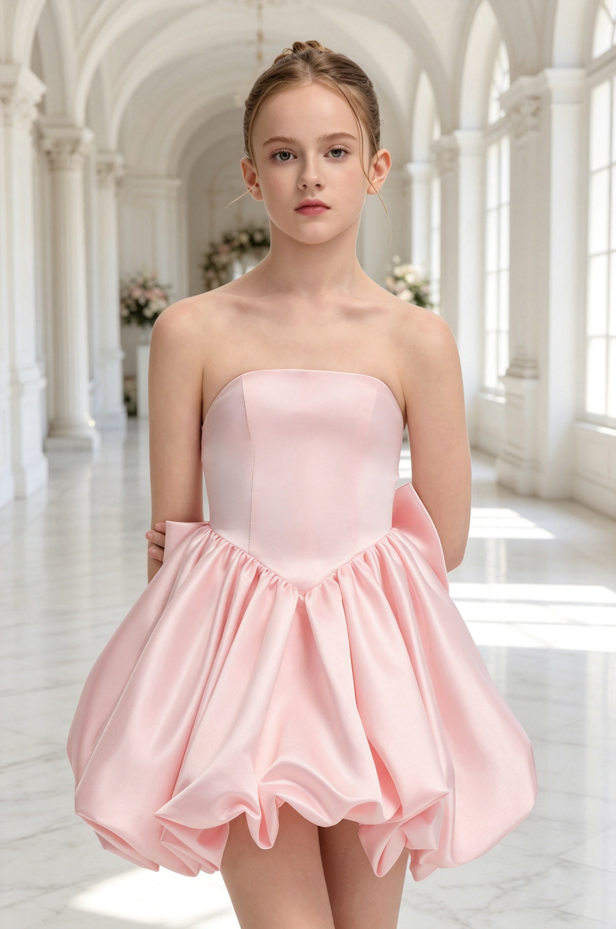 Pink Strapless Satin Big Bow Train Bubble A-Line Pageant Dress