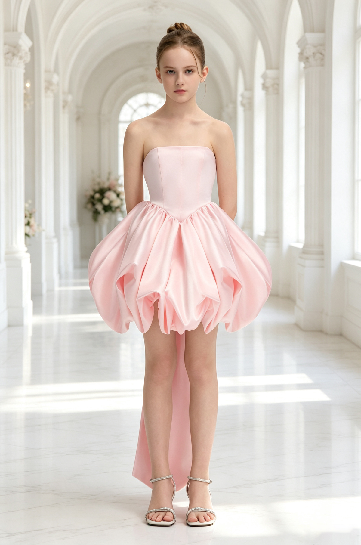 Pink Strapless Satin Big Bow Train Bubble A-Line Pageant Dress