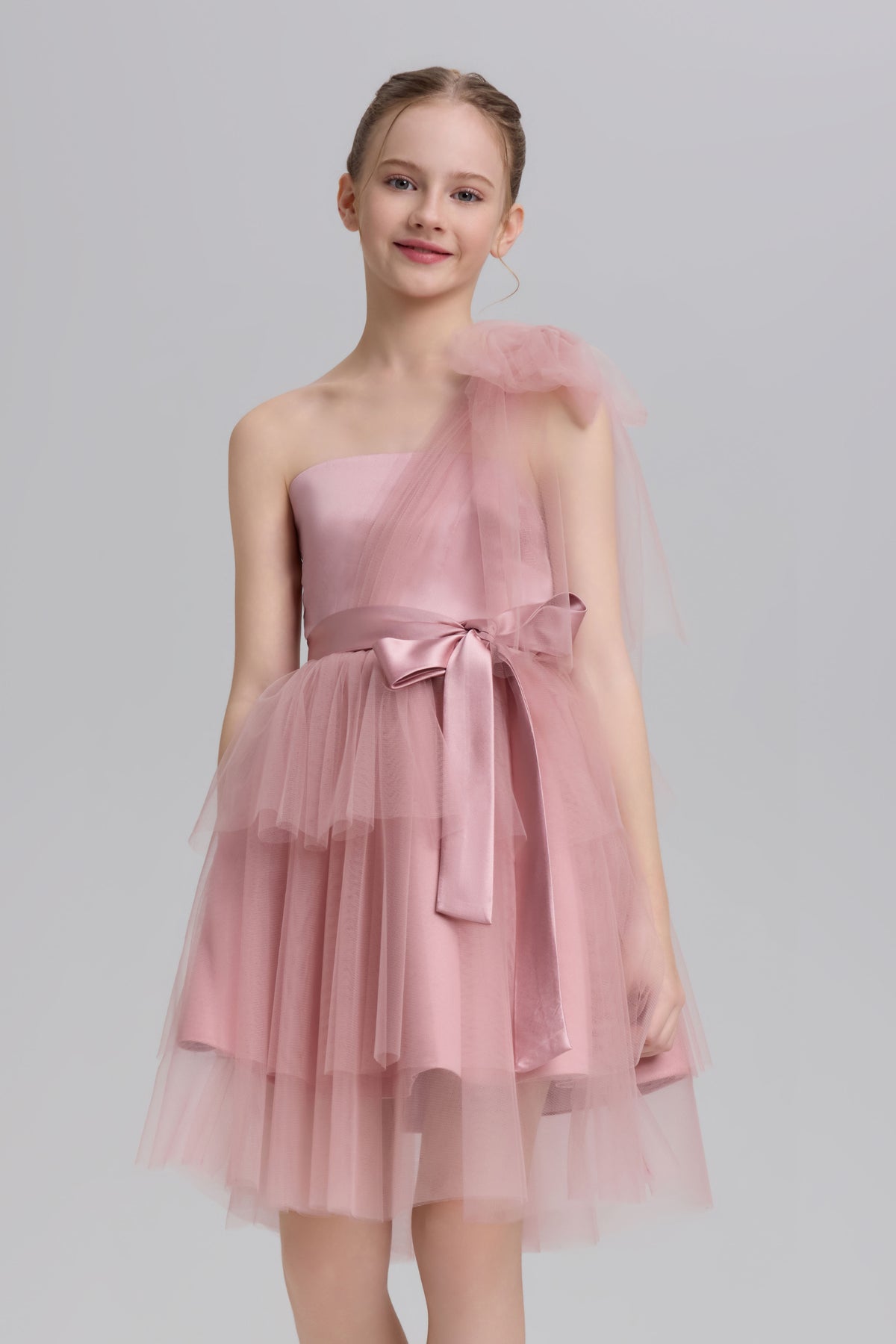 Pink Satin Tulle Single Shoulder Bow Tiered A-Line Flower Girl Dress