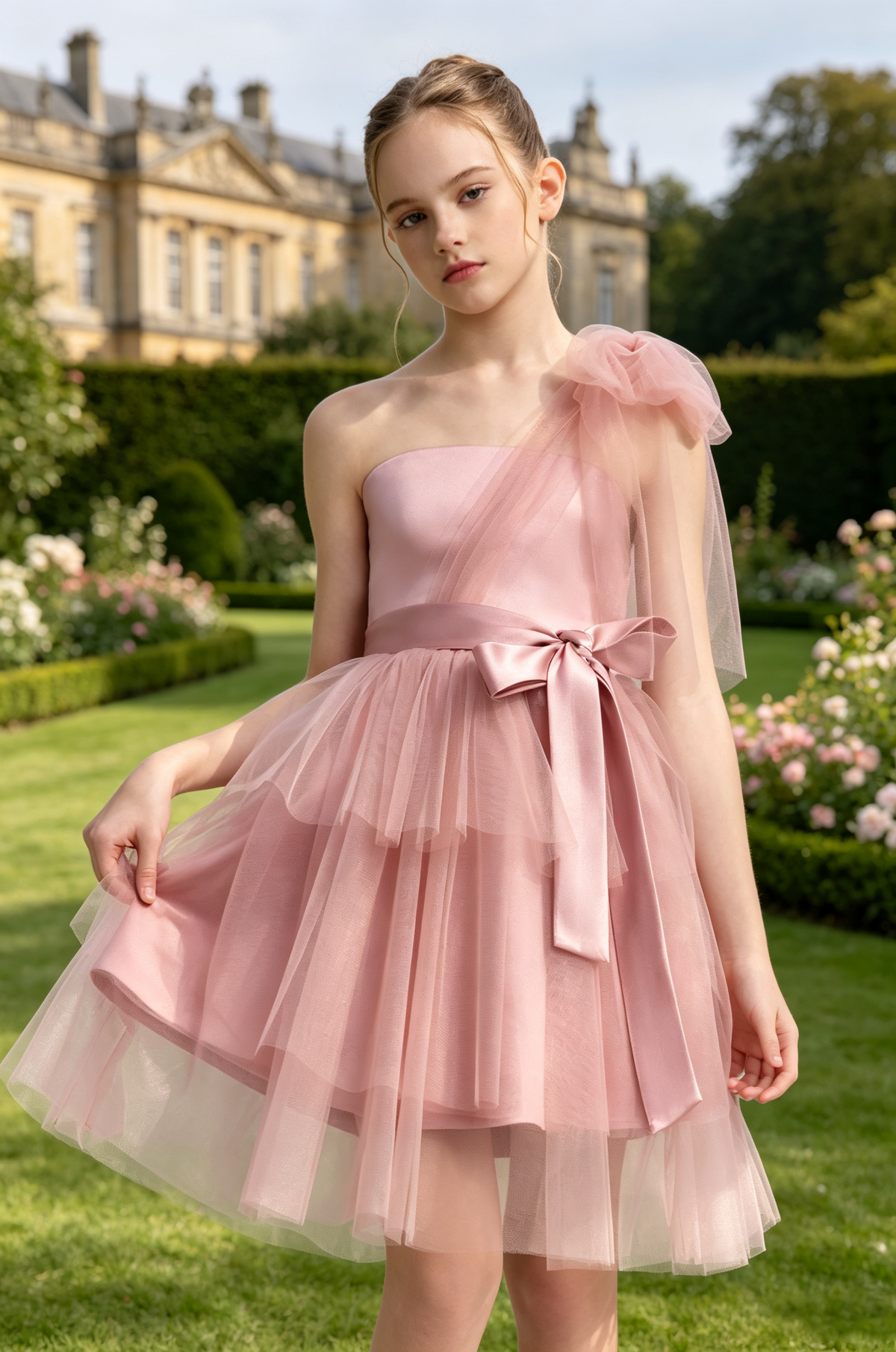 Pink Satin Tulle Single Shoulder Bow Tiered A-Line Flower Girl Dress