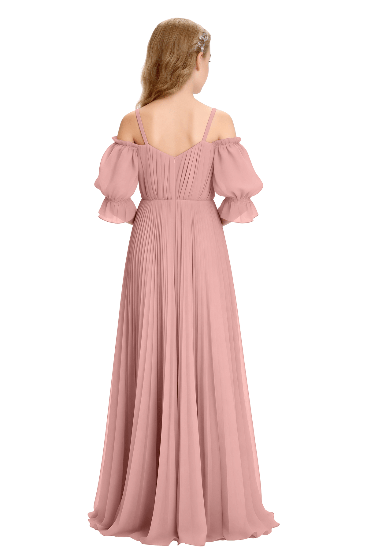 Pink Cold Shoulder Bubble Sleeve Pleated Chiffon Flower Girl Dress
