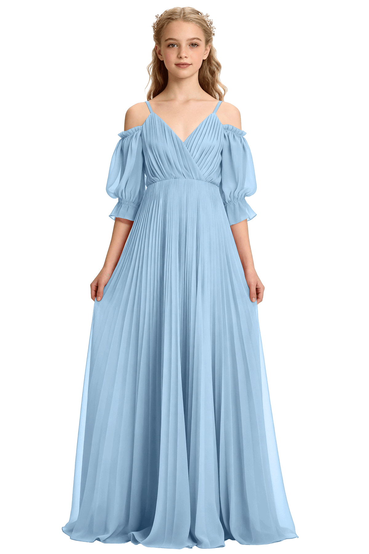 Pink Cold Shoulder Bubble Sleeve Pleated Chiffon Flower Girl Dress