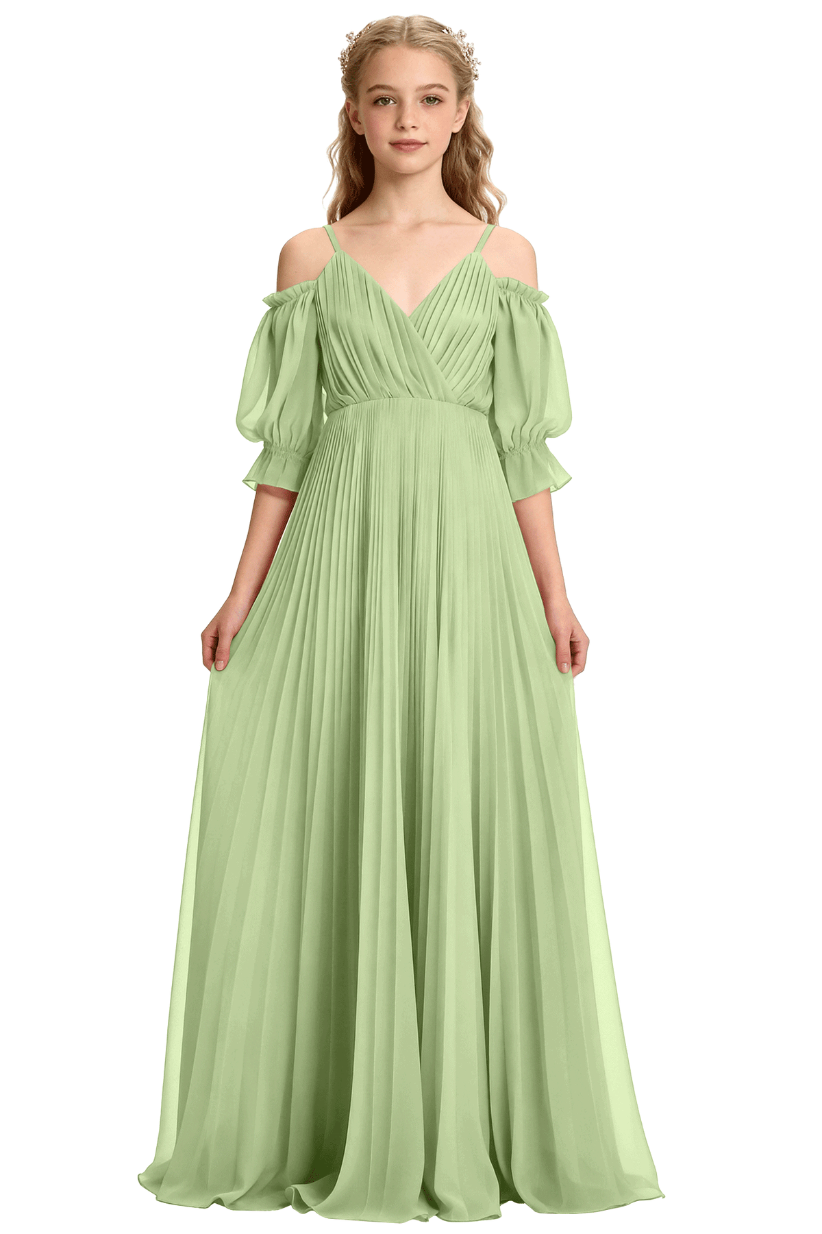 Pink Cold Shoulder Bubble Sleeve Pleated Chiffon Flower Girl Dress