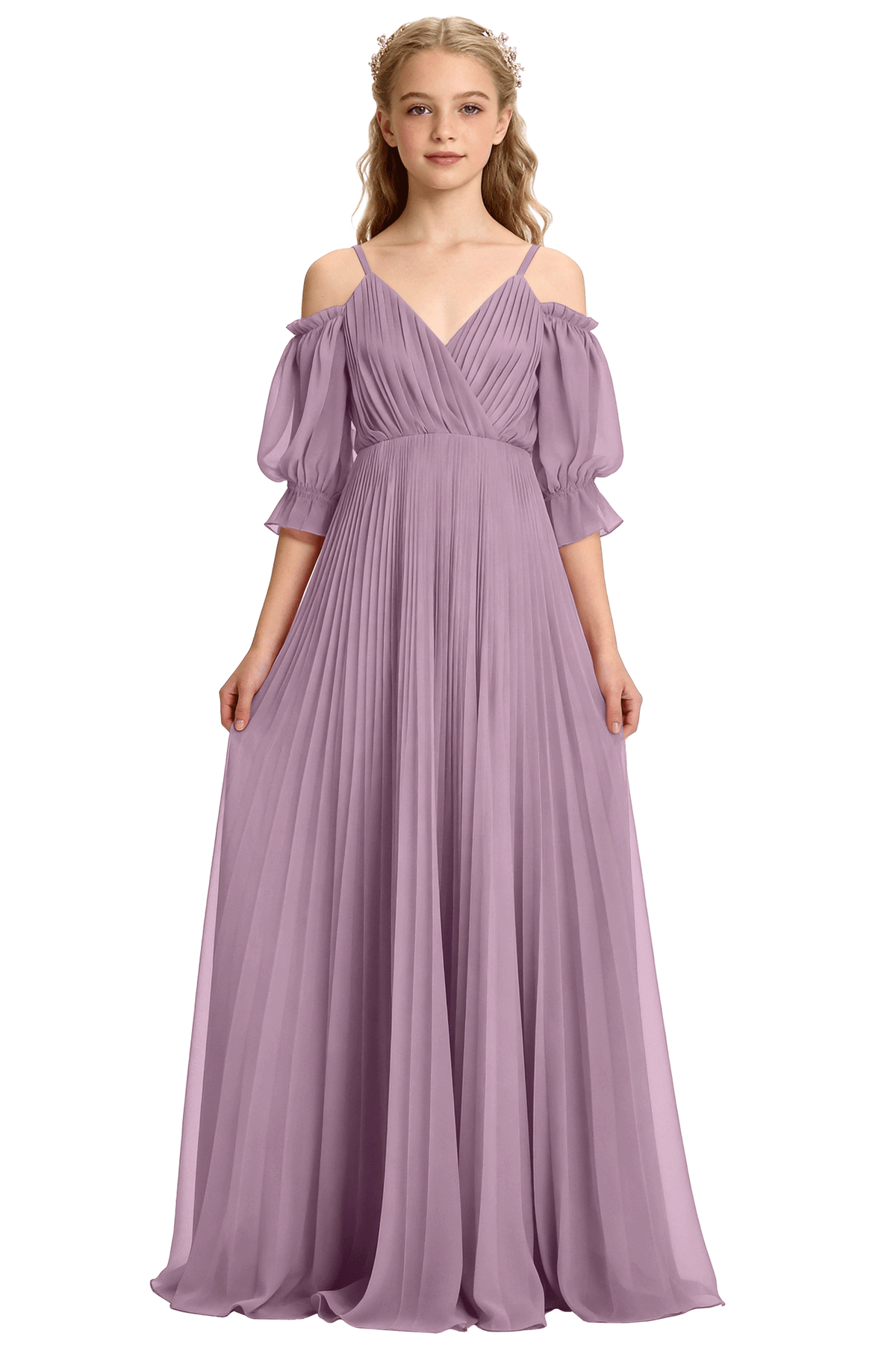Pink Cold Shoulder Bubble Sleeve Pleated Chiffon Flower Girl Dress
