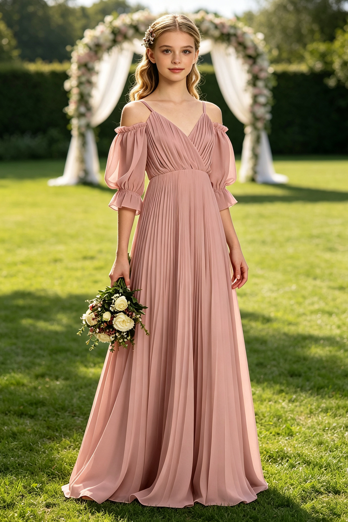 Pink Cold Shoulder Bubble Sleeve Pleated Chiffon Flower Girl Dress