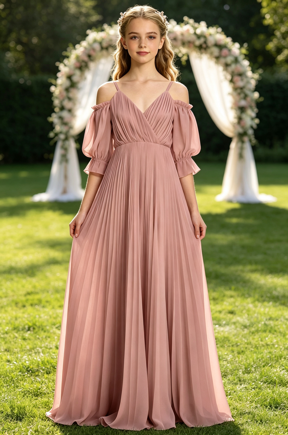 Pink Cold Shoulder Bubble Sleeve Pleated Chiffon Flower Girl Dress