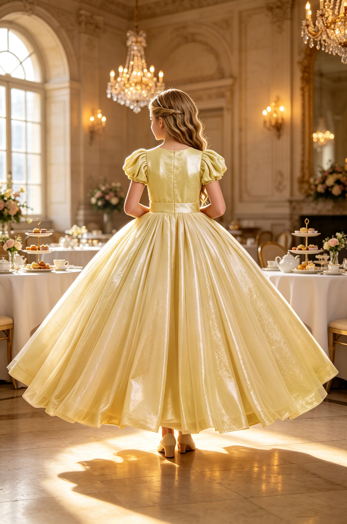 Lemon Gold Glitter Tulle Bubble Sleeve Pearl Trim Floor-Length Princess Ball Dress