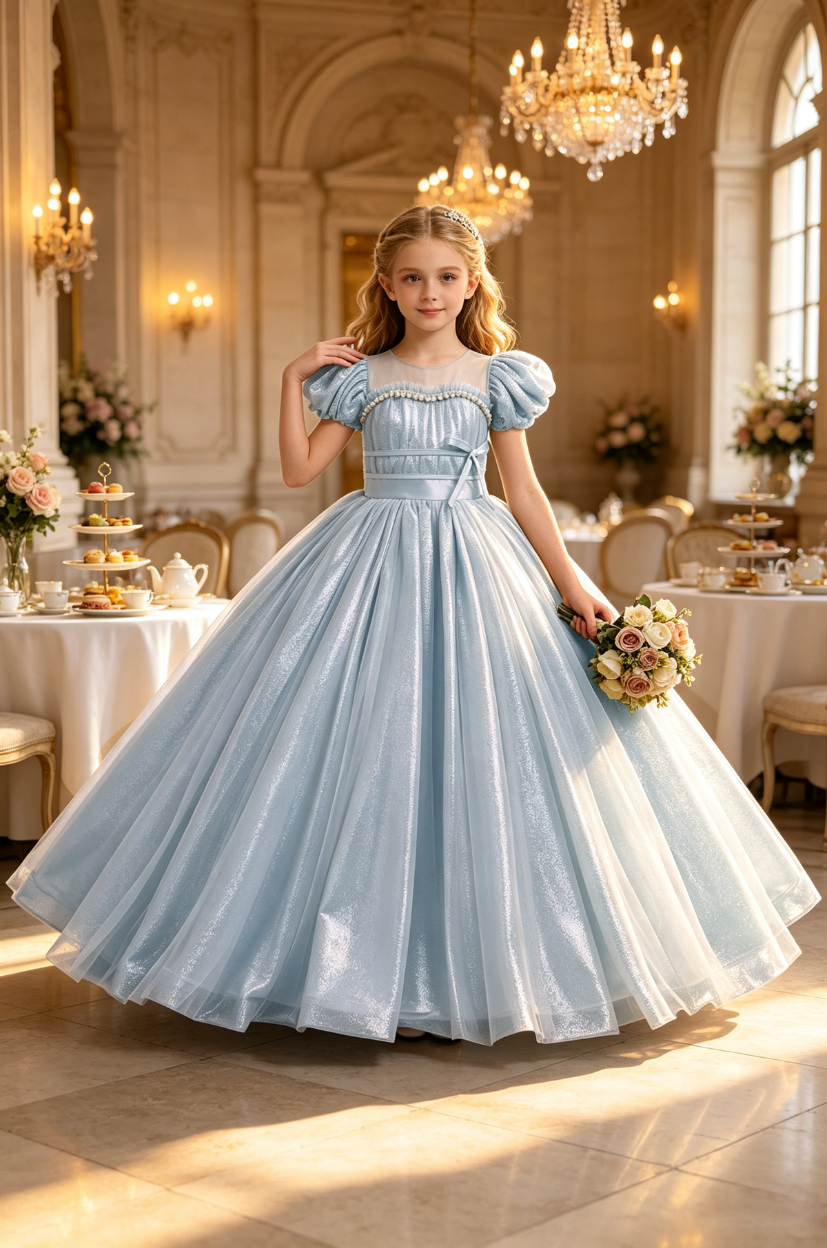 Lemon Gold Glitter Tulle Bubble Sleeve Pearl Trim Floor-Length Princess Ball Dress
