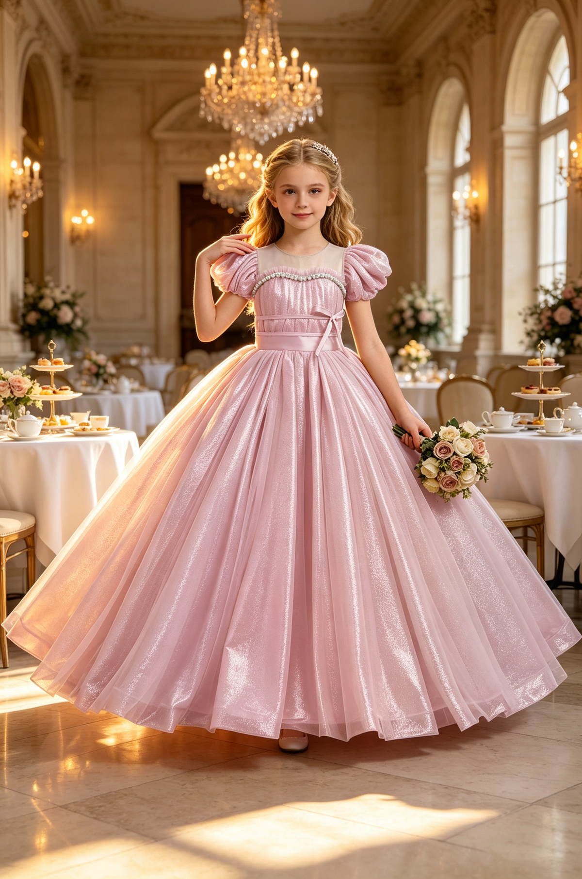 Lemon Gold Glitter Tulle Bubble Sleeve Pearl Trim Floor-Length Princess Ball Dress