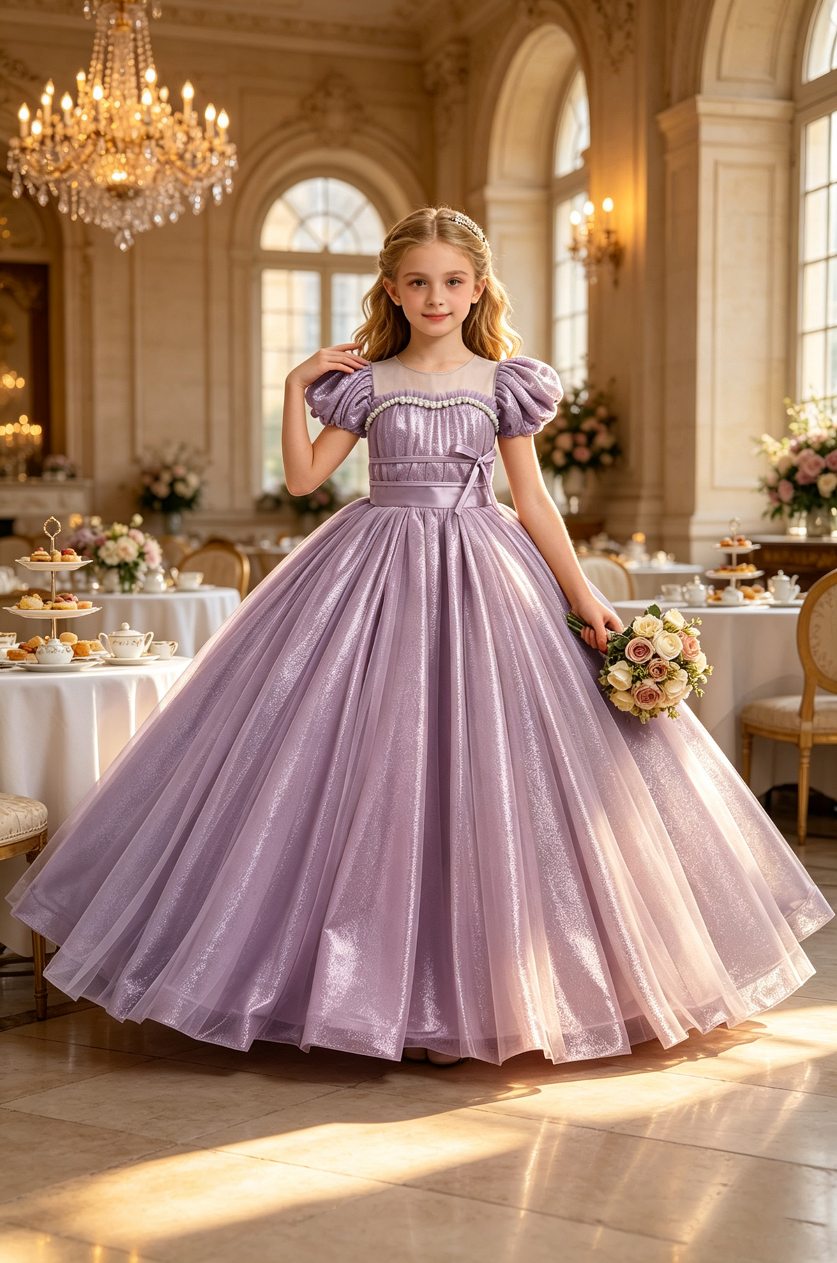 Lemon Gold Glitter Tulle Bubble Sleeve Pearl Trim Floor-Length Princess Ball Dress