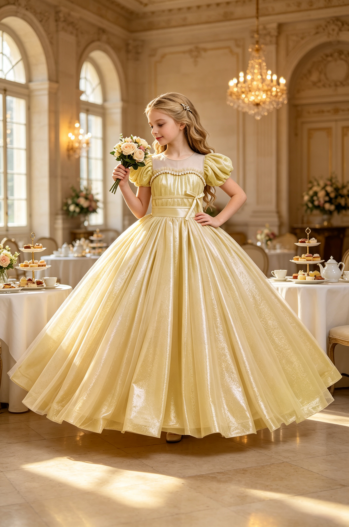 Lemon Gold Glitter Tulle Bubble Sleeve Pearl Trim Floor-Length Princess Ball Dress