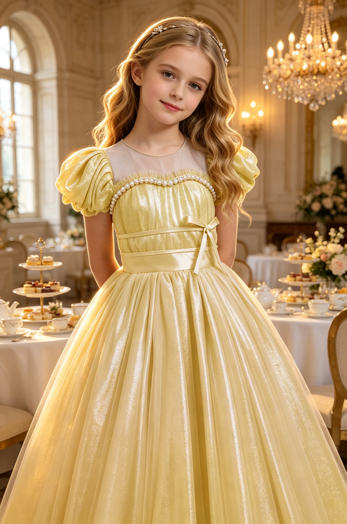 Lemon Gold Glitter Tulle Bubble Sleeve Pearl Trim Floor-Length Princess Ball Dress
