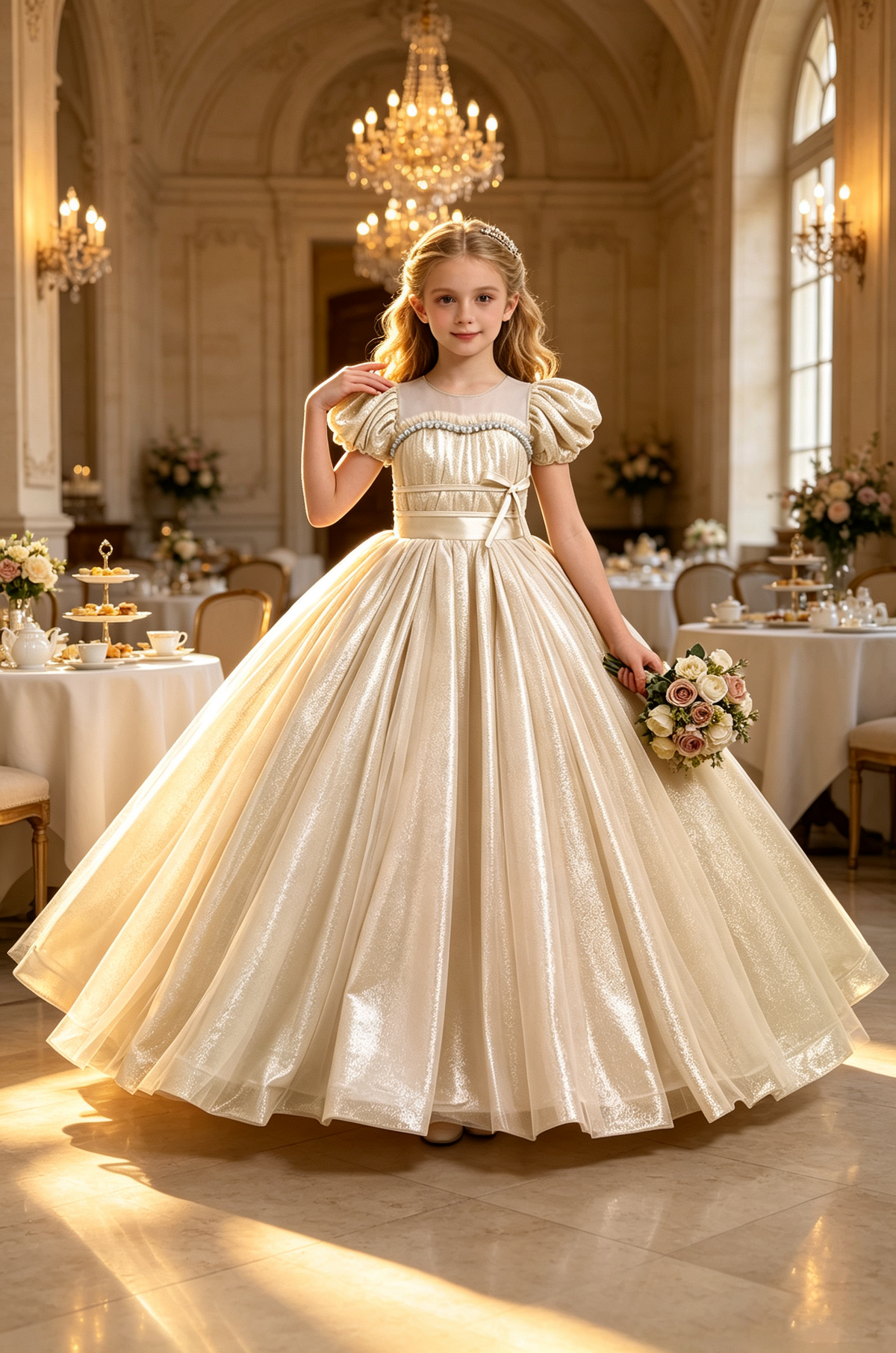 Lemon Gold Glitter Tulle Bubble Sleeve Pearl Trim Floor-Length Princess Ball Dress