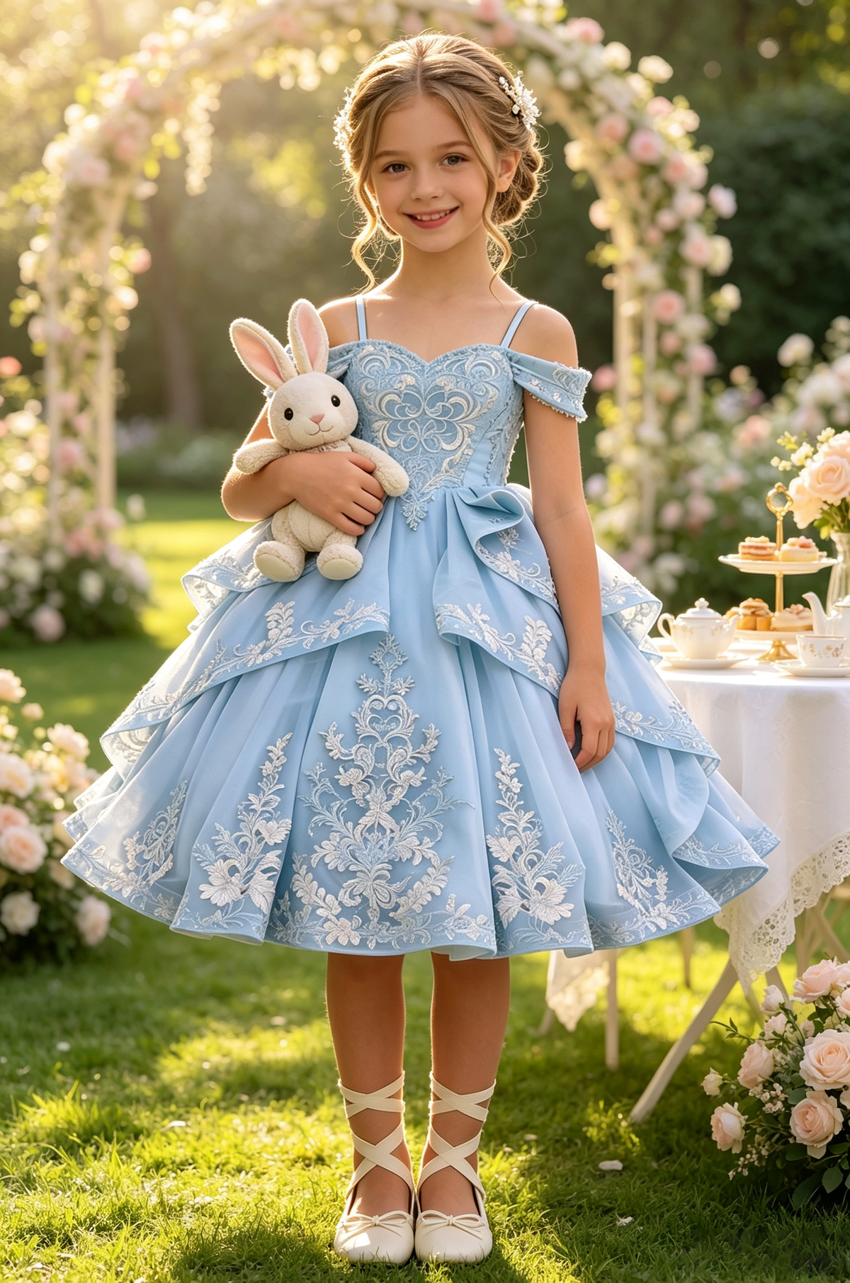 Sky Blue Heavy Lace Off-Shoulder Spaghetti Strap Big Bow Tiered Tulle Dress