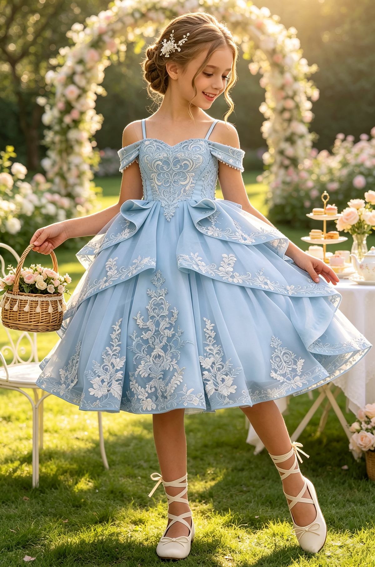 Sky Blue Heavy Lace Off-Shoulder Spaghetti Strap Big Bow Tiered Tulle Dress