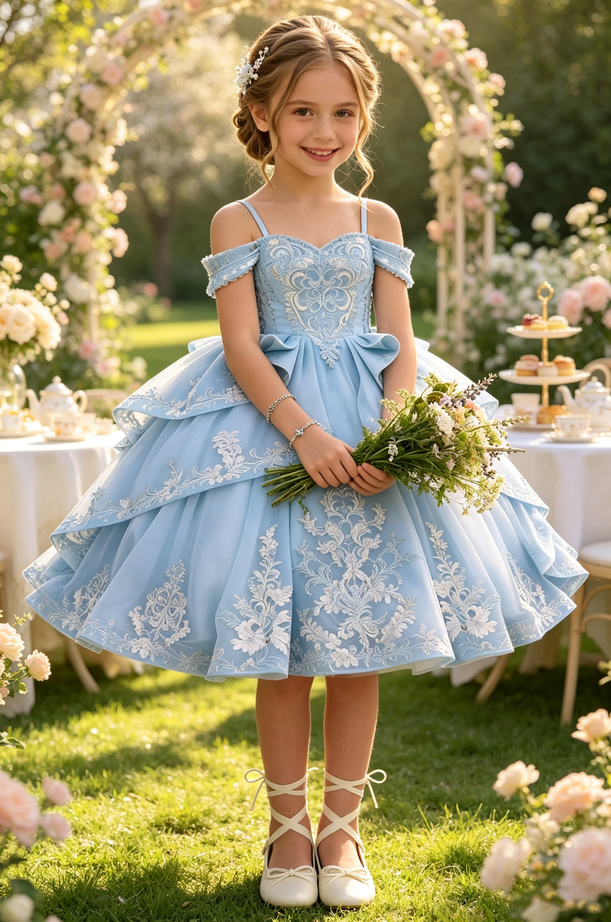 Sky Blue Heavy Lace Off-Shoulder Spaghetti Strap Big Bow Tiered Tulle Dress