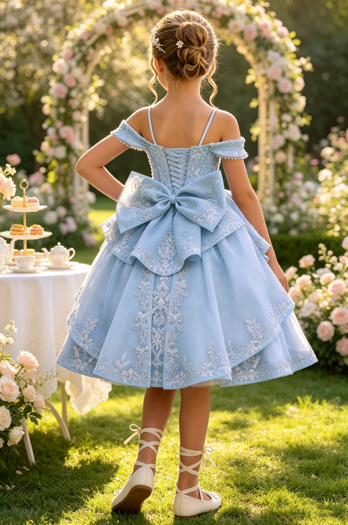 Sky Blue Heavy Lace Off-Shoulder Spaghetti Strap Big Bow Tiered Tulle Dress