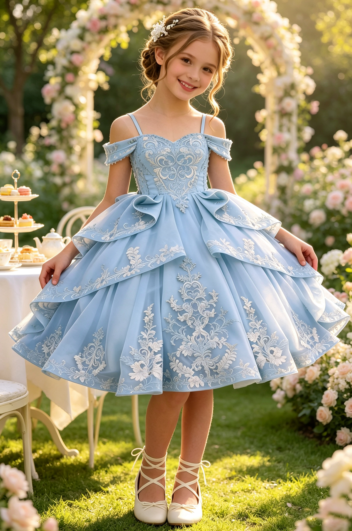 Sky Blue Heavy Lace Off-Shoulder Spaghetti Strap Big Bow Tiered Tulle Dress