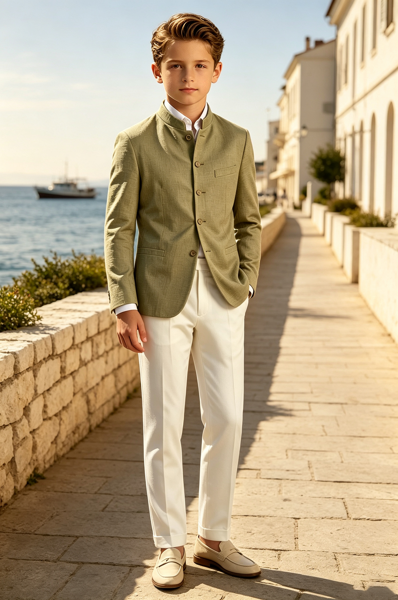 Sage Green & Ivory Cotton Linen-Blend Single Breasted 2-Piece Suit