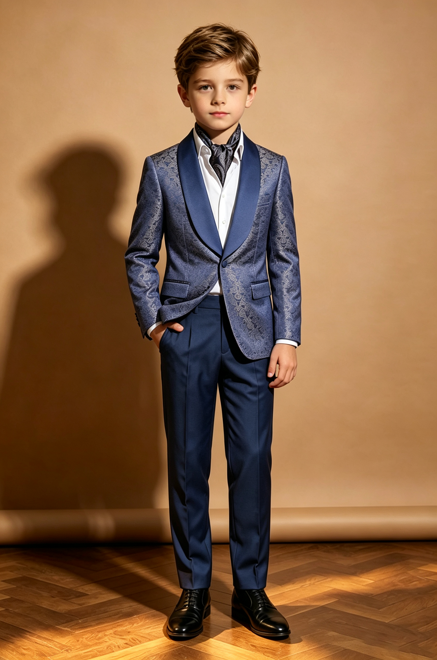 Deep Navy Jacquard Satin Twill Single Breasted Shawl Lapel Blazer 2-Piece Suit