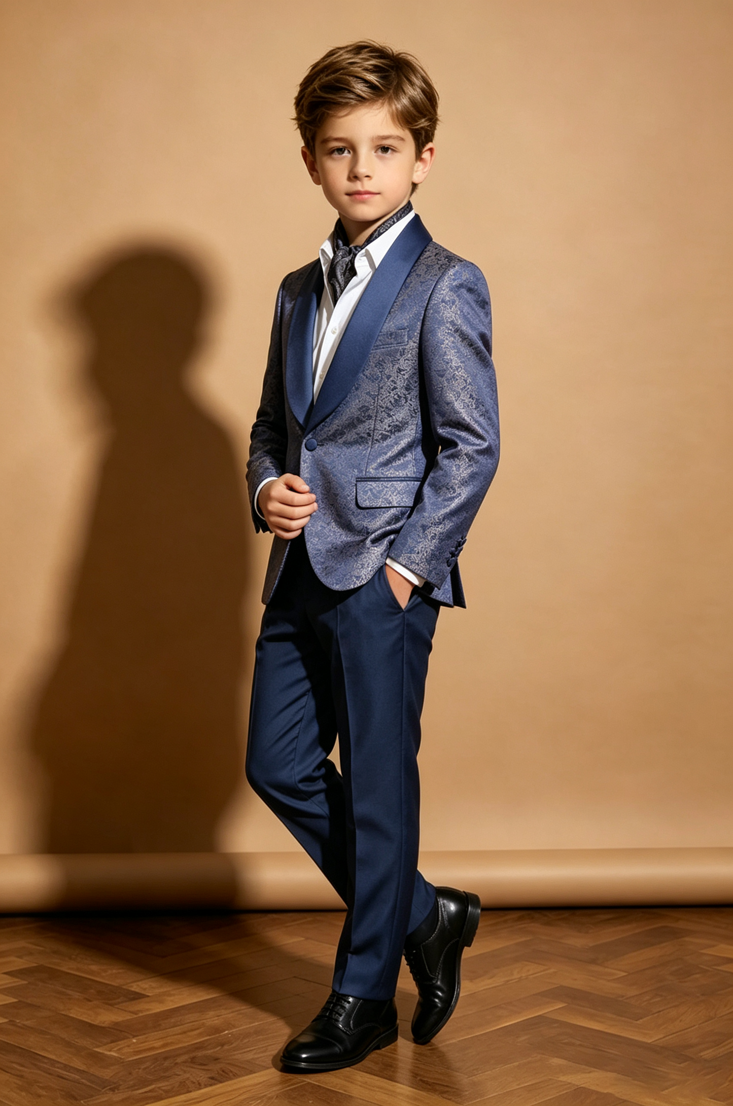 Deep Navy Jacquard Satin Twill Single Breasted Shawl Lapel Blazer 2-Piece Suit