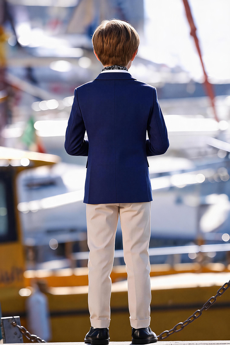 Boys Navy Notch Lapel Blazer & Cream Cuffed Trousers 2-Piece Suit for Weddings