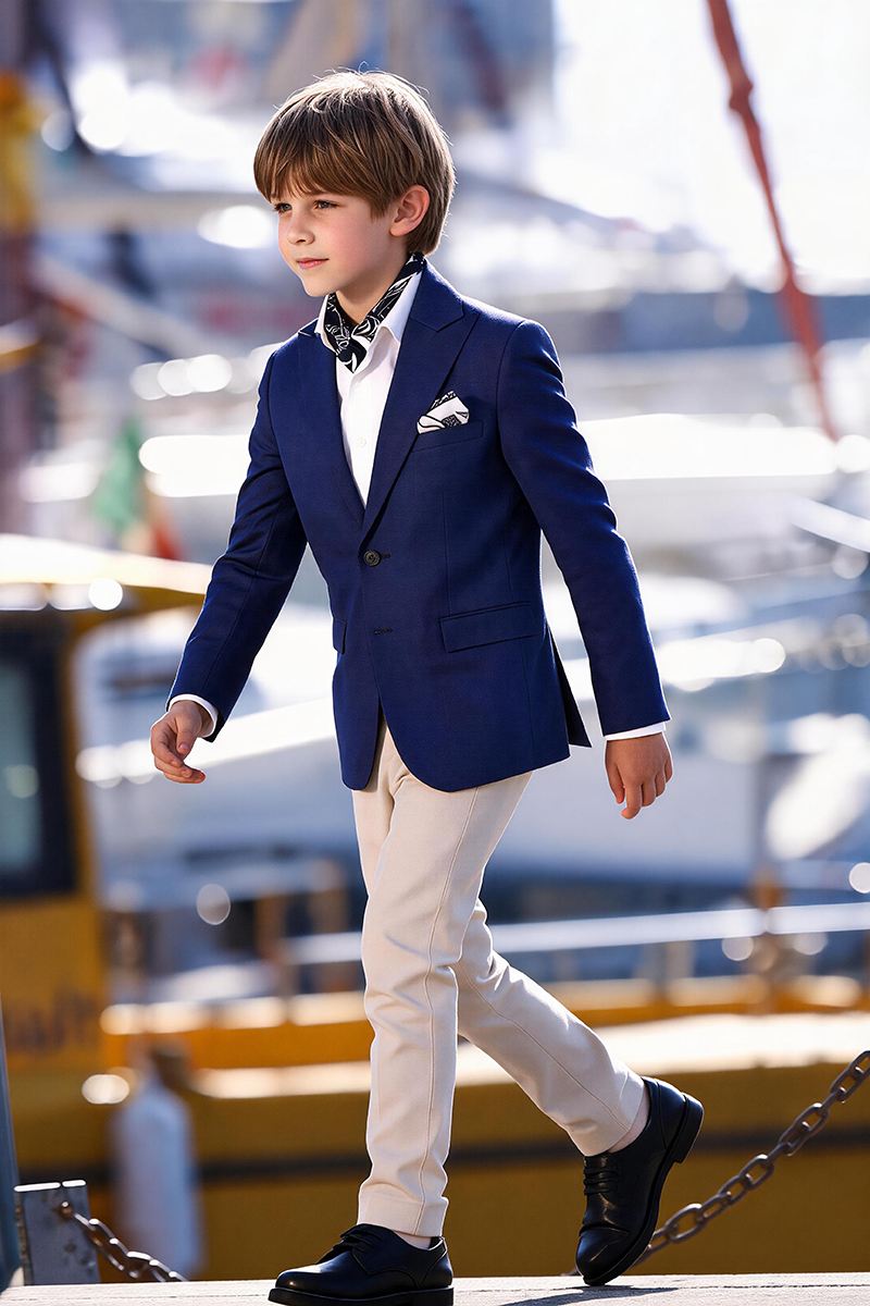 Boys Navy Notch Lapel Blazer & Cream Cuffed Trousers 2-Piece Suit for Weddings