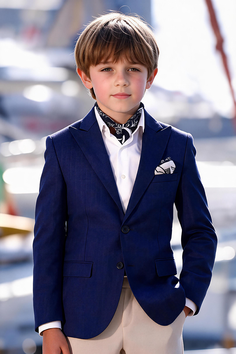 Boys Navy Notch Lapel Blazer & Cream Cuffed Trousers 2-Piece Suit for Weddings