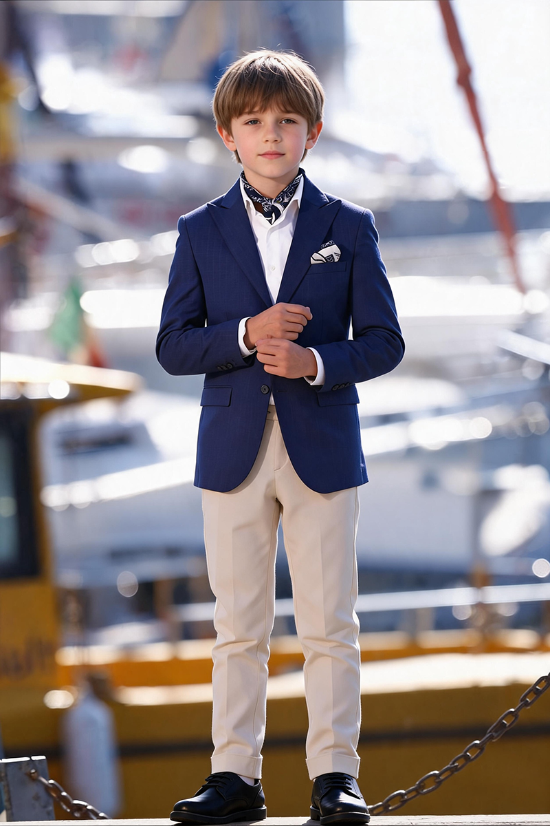 Boys Navy Notch Lapel Blazer & Cream Cuffed Trousers 2-Piece Suit for Weddings