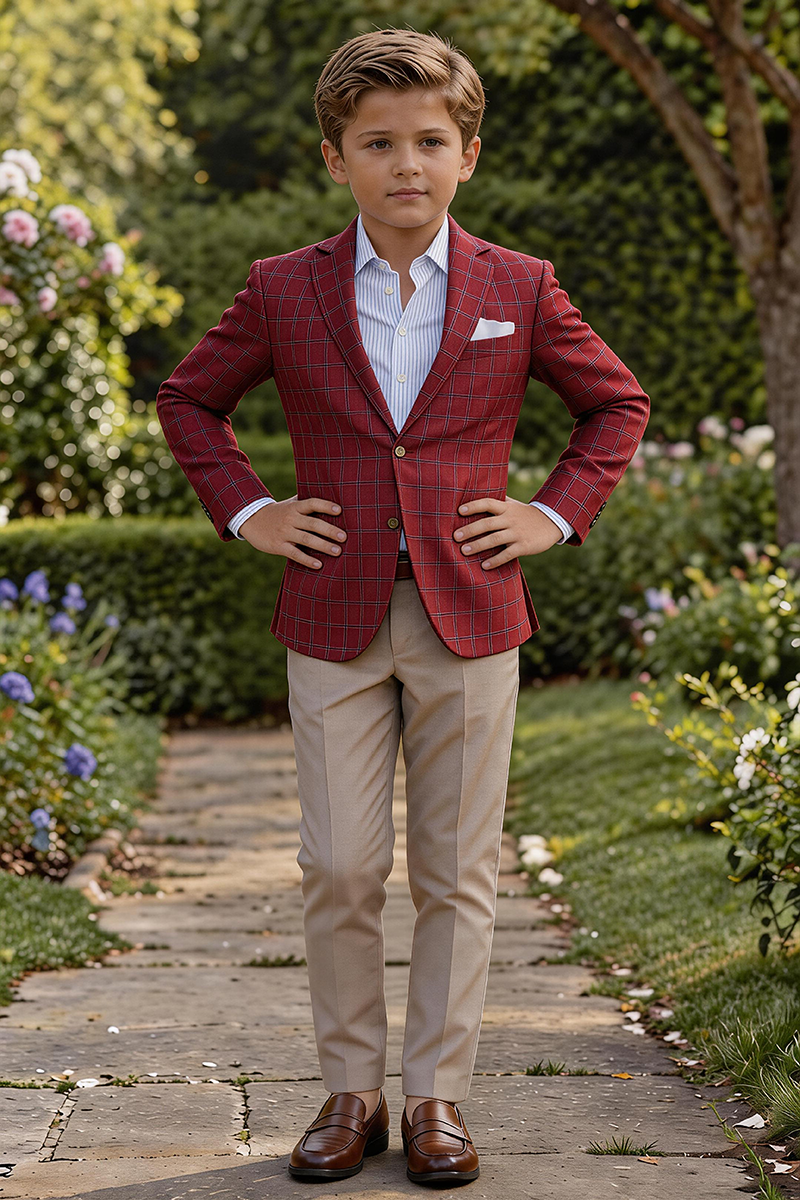 Boys Burgundy Windowpane Check Notch Lapel Blazer & Khaki Trousers 2-Piece Suit for Weddings