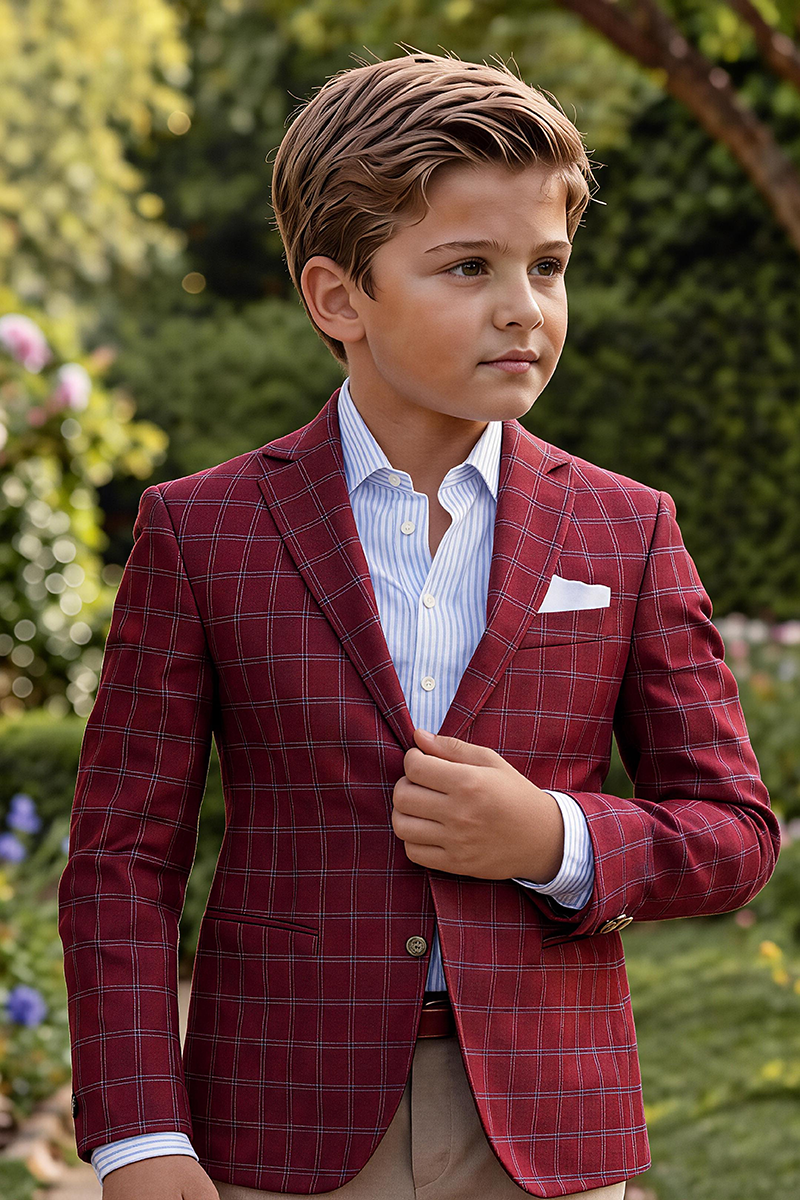 Boys Burgundy Windowpane Check Notch Lapel Blazer & Khaki Trousers 2-Piece Suit for Weddings