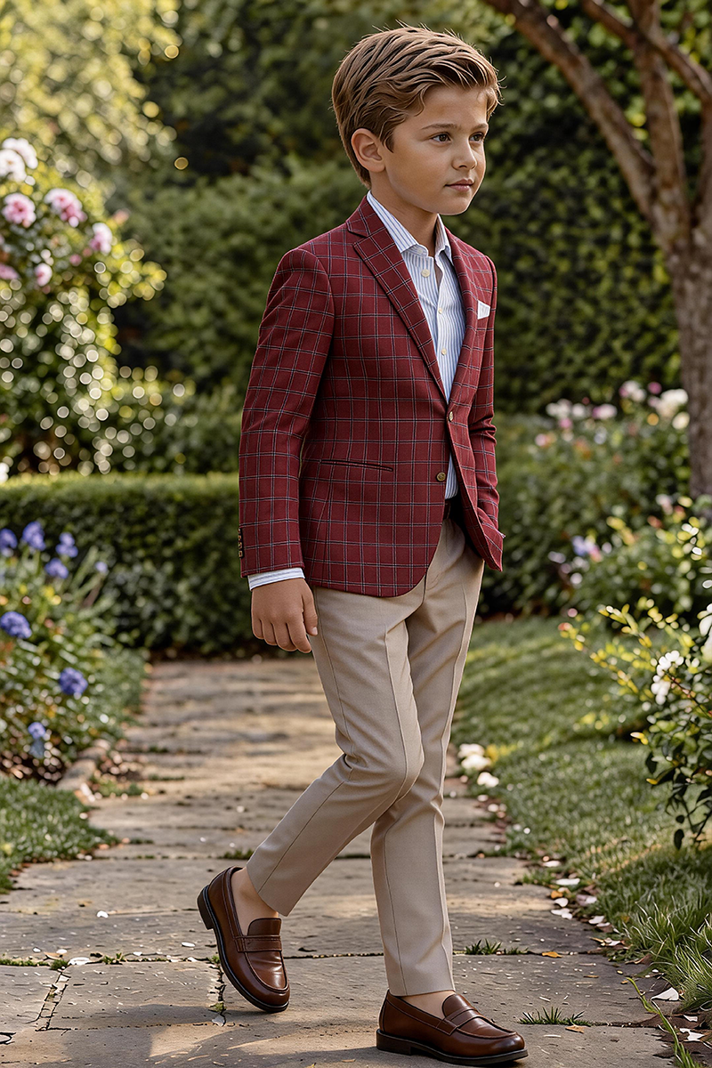 Boys Burgundy Windowpane Check Notch Lapel Blazer & Khaki Trousers 2-Piece Suit for Weddings