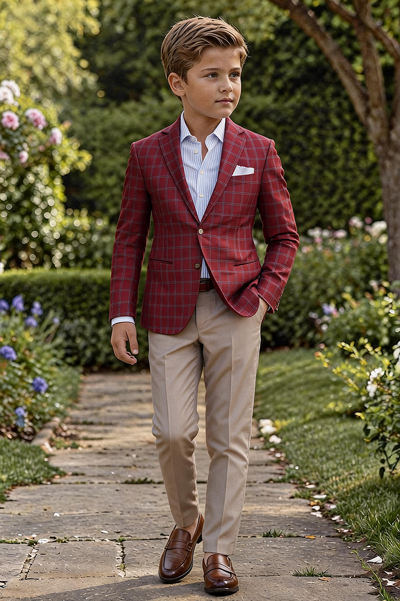 Boys Burgundy Windowpane Check Notch Lapel Blazer & Khaki Trousers 2-Piece Suit for Weddings