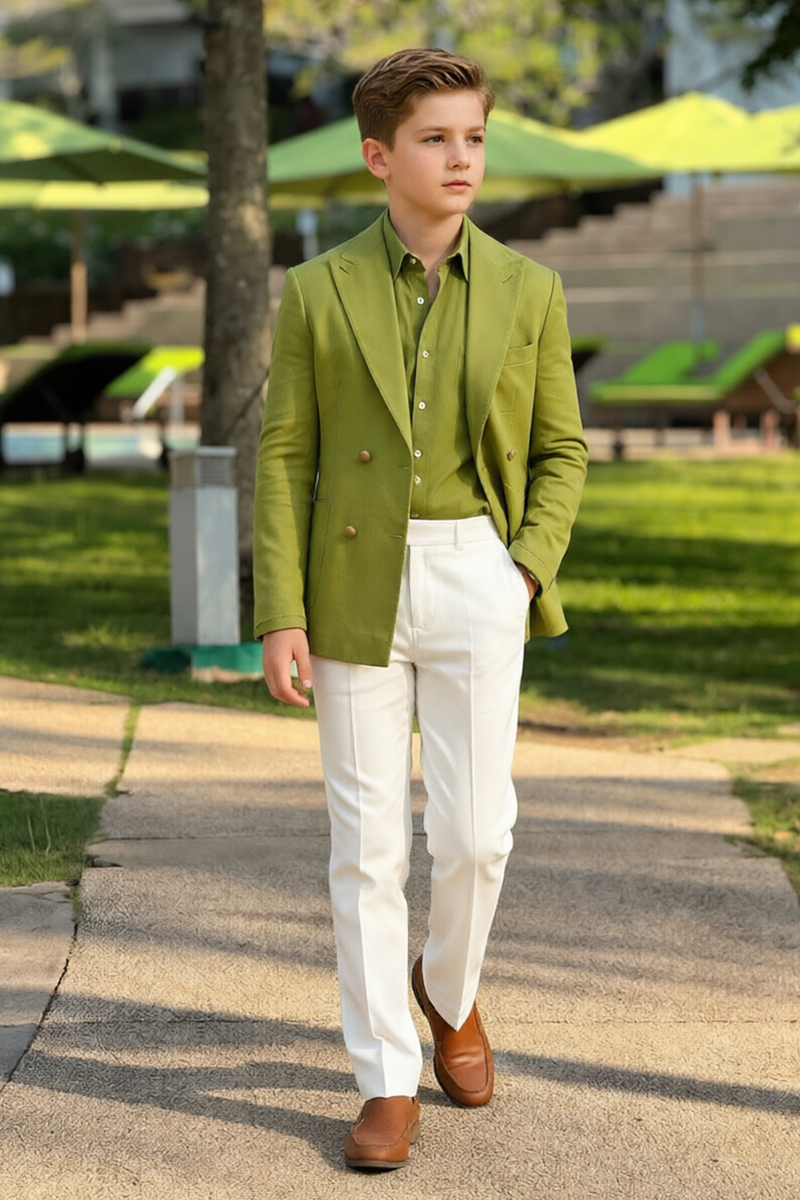 Boys Olive Linen Double Breasted Blazer & White Trousers 2-Piece Suit for Weddings