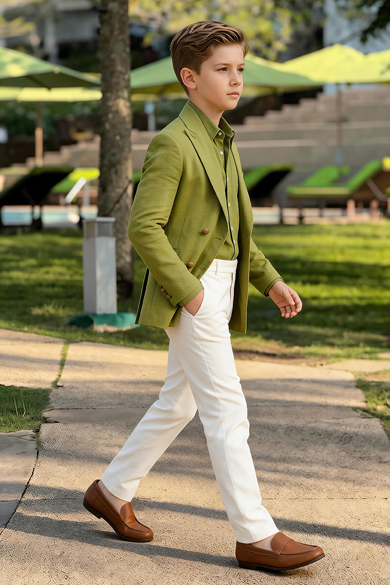 Boys Olive Linen Double Breasted Blazer & White Trousers 2-Piece Suit for Weddings