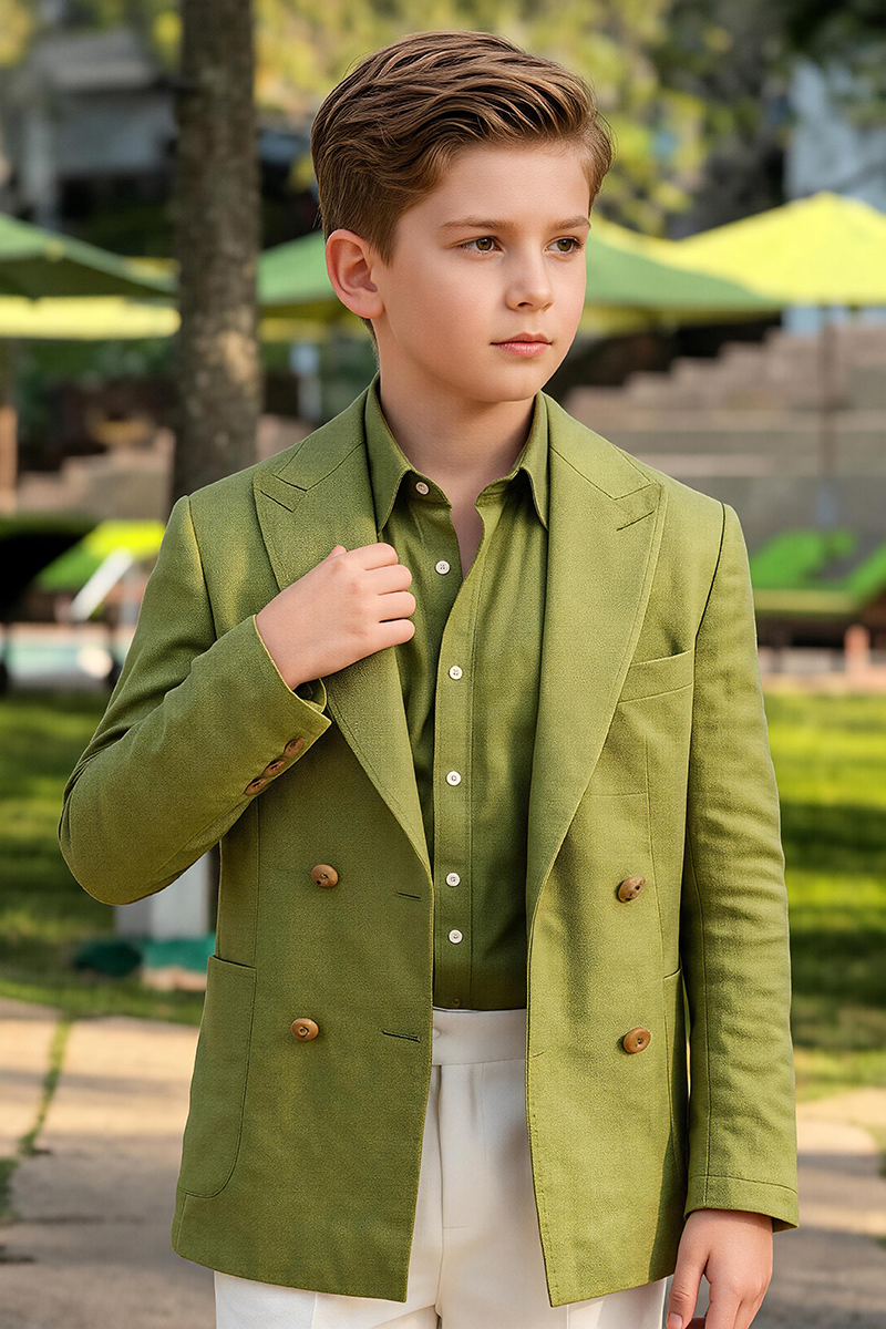 Boys Olive Linen Double Breasted Blazer & White Trousers 2-Piece Suit for Weddings