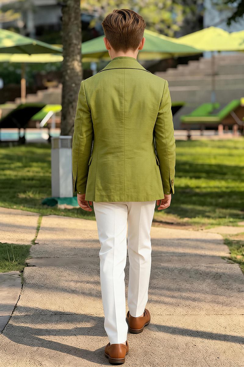 Boys Olive Linen Double Breasted Blazer & White Trousers 2-Piece Suit for Weddings