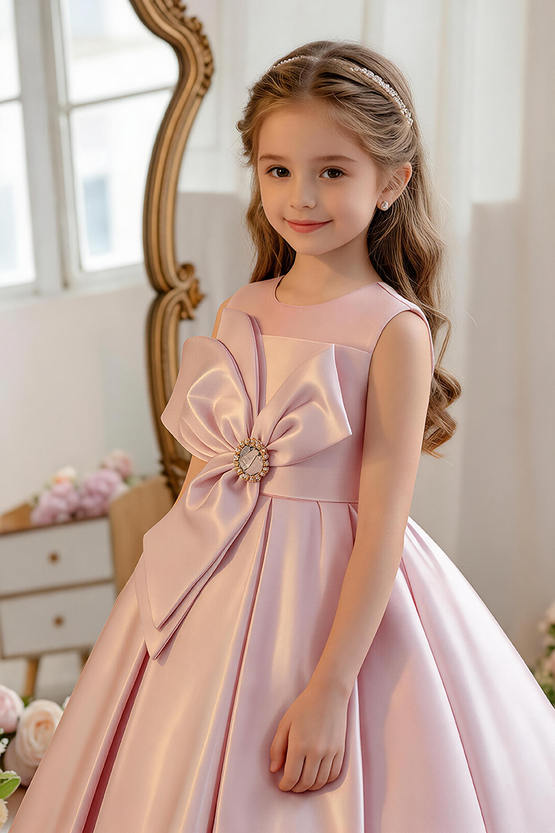 Girls Blush Sleeveless Satin Ball Gown with Large Crystal Bow