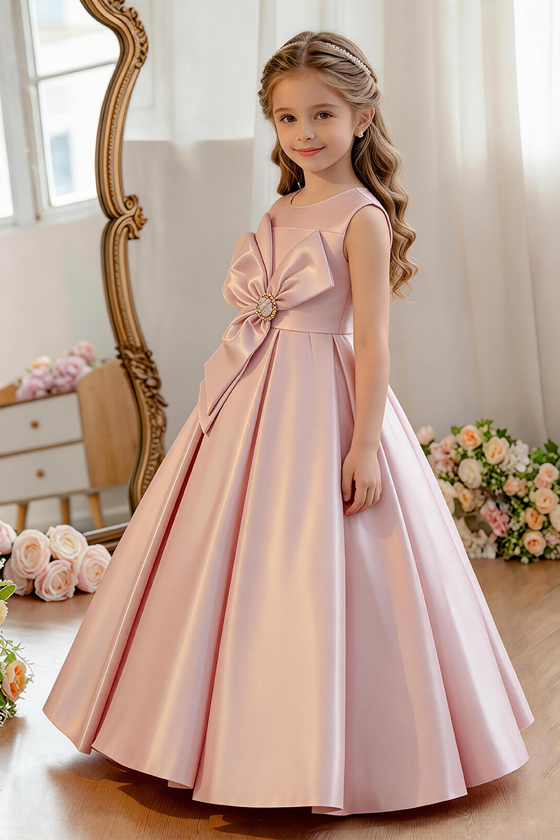 Girls Blush Sleeveless Satin Ball Gown with Large Crystal Bow