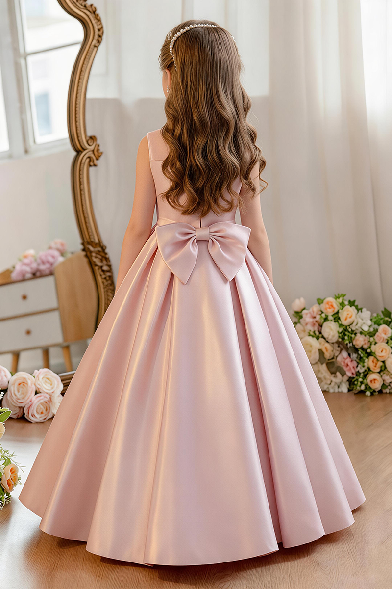 Girls Blush Sleeveless Satin Ball Gown with Large Crystal Bow