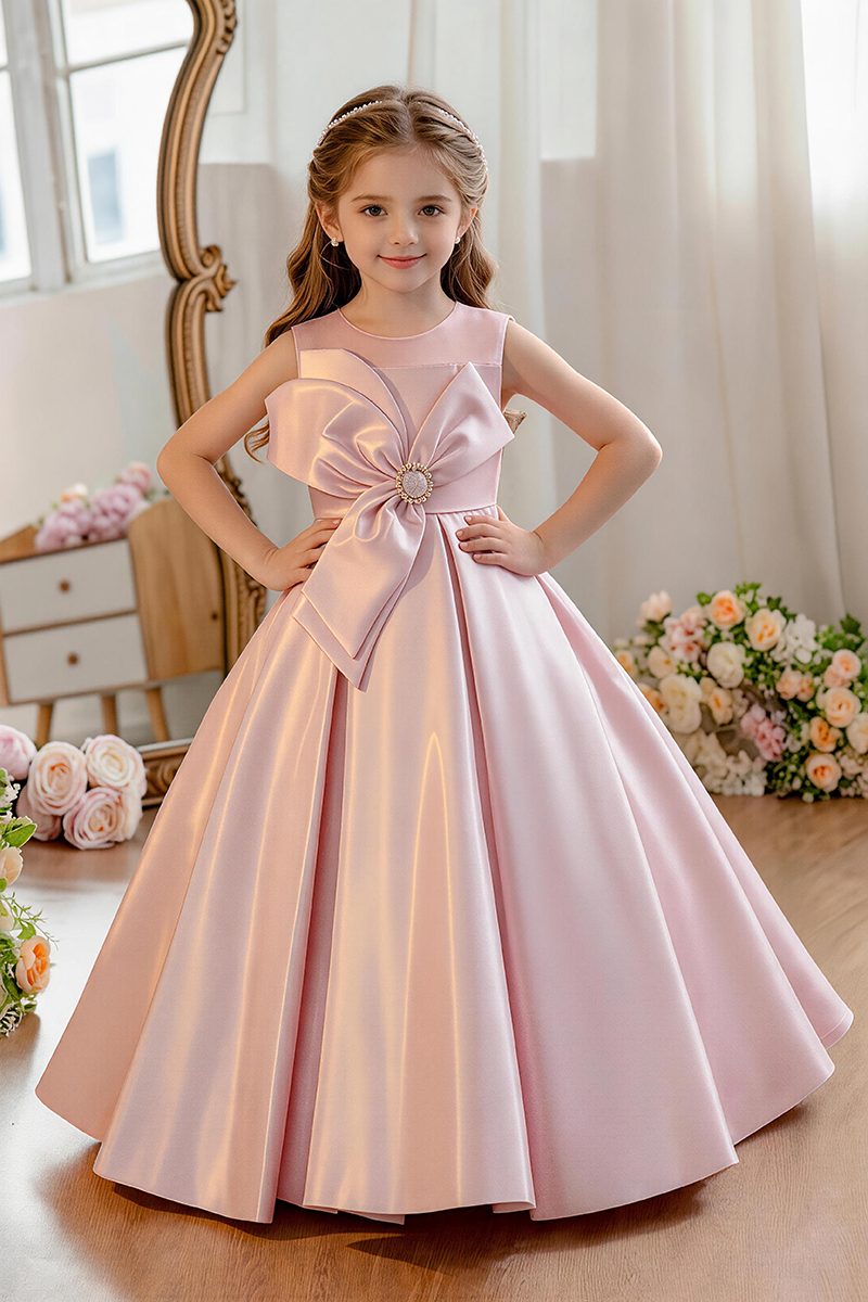 Girls Blush Sleeveless Satin Ball Gown with Large Crystal Bow
