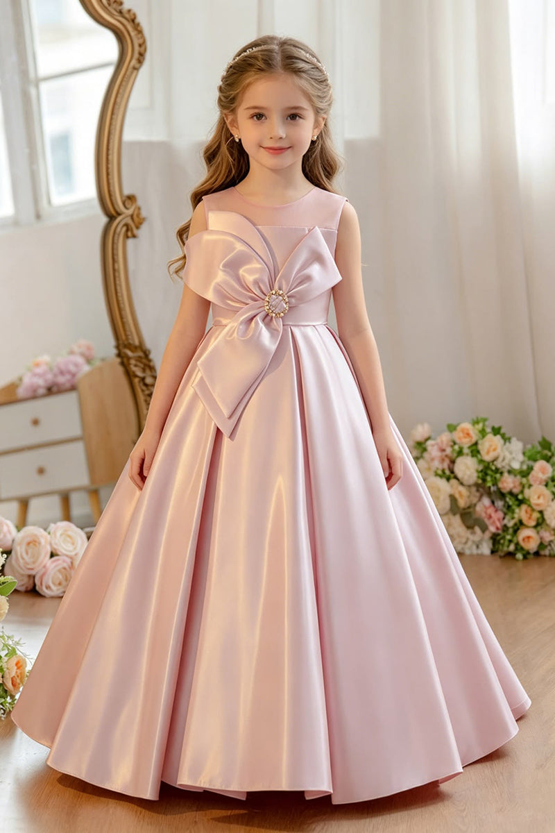 Girls Blush Sleeveless Satin Ball Gown with Large Crystal Bow