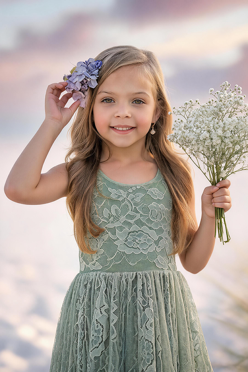 Girls Sage Sleeveless Floral Lace Tiered Maxi Dress