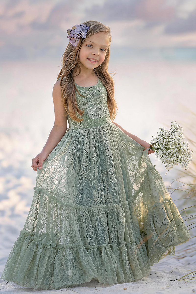 Girls Sage Sleeveless Floral Lace Tiered Maxi Dress