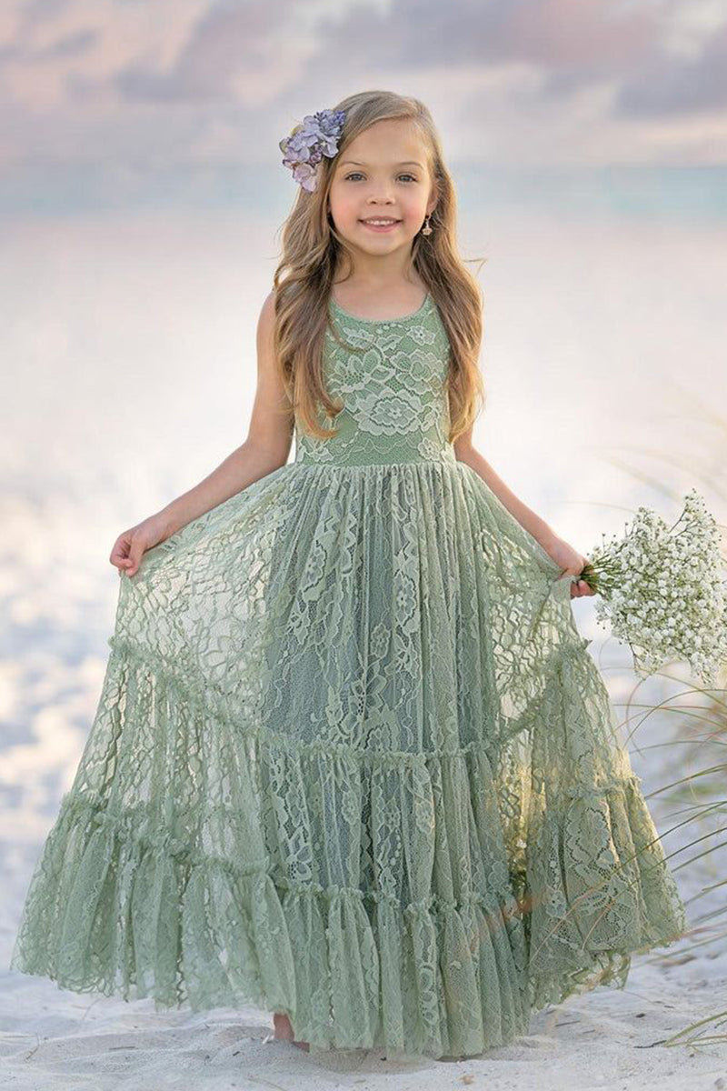 Girls Sage Sleeveless Floral Lace Tiered Maxi Dress