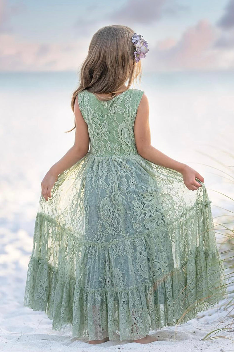 Girls Sage Sleeveless Floral Lace Tiered Maxi Dress